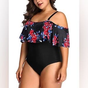 NWT Daci Off-Shoulder Flounce Black One-Piece Swimsuit Red Floral Plus Size 22
